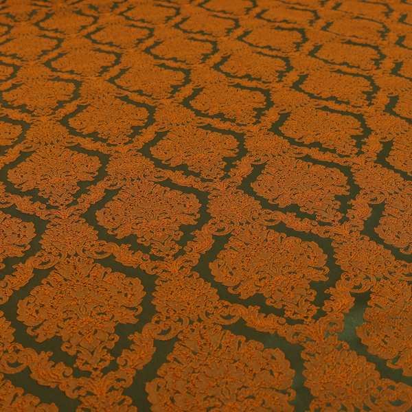 Elstow Damask Pattern Collection In Textured Embroidery Effect Chenille Upholstery Fabric In Green Orange Colour CTR-417 - Made To Measure Curtains