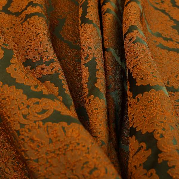 Elstow Damask Pattern Collection In Textured Embroidery Effect Chenille Upholstery Fabric In Green Orange Colour CTR-417 - Made To Measure Curtains