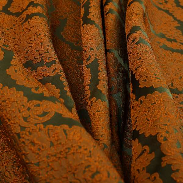 Elstow Damask Pattern Collection In Textured Embroidery Effect Chenille Upholstery Fabric In Green Orange Colour CTR-417 - Handmade Cushions