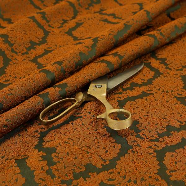 Elstow Damask Pattern Collection In Textured Embroidery Effect Chenille Upholstery Fabric In Green Orange Colour CTR-417
