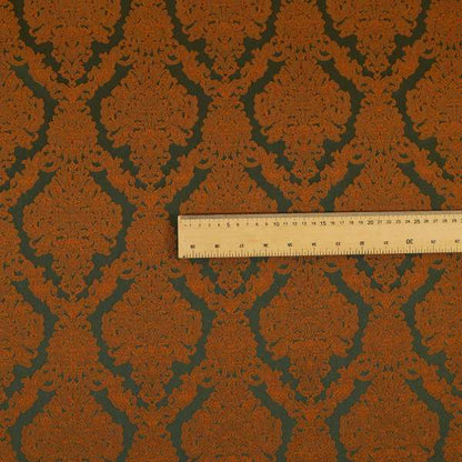 Elstow Damask Pattern Collection In Textured Embroidery Effect Chenille Upholstery Fabric In Green Orange Colour CTR-417