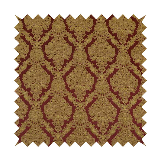 Elstow Damask Pattern Collection In Textured Embroidery Effect Chenille Upholstery Fabric In Red Yellow Colour CTR-418