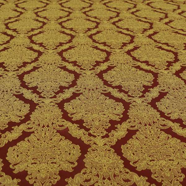 Elstow Damask Pattern Collection In Textured Embroidery Effect Chenille Upholstery Fabric In Red Yellow Colour CTR-418 - Made To Measure Curtains