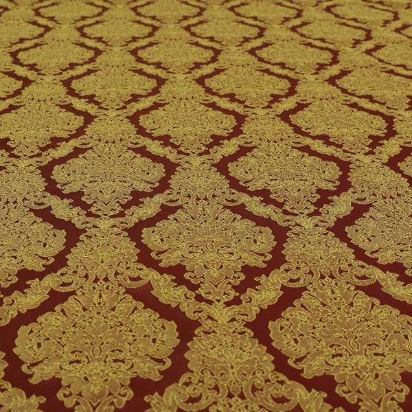 Elstow Damask Pattern Collection In Textured Embroidery Effect Chenille Upholstery Fabric In Red Yellow Colour CTR-418