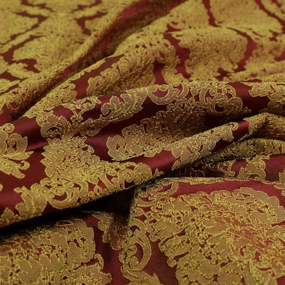 Elstow Damask Pattern Collection In Textured Embroidery Effect Chenille Upholstery Fabric In Red Yellow Colour CTR-418 - Made To Measure Curtains