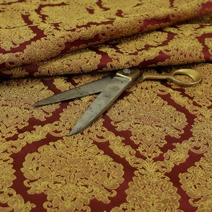 Elstow Damask Pattern Collection In Textured Embroidery Effect Chenille Upholstery Fabric In Red Yellow Colour CTR-418