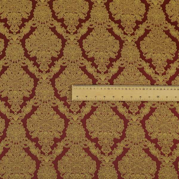 Elstow Damask Pattern Collection In Textured Embroidery Effect Chenille Upholstery Fabric In Red Yellow Colour CTR-418
