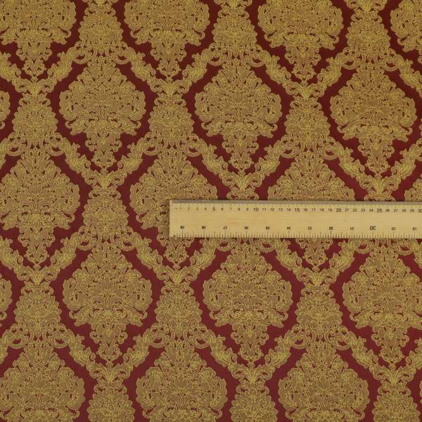 Elstow Damask Pattern Collection In Textured Embroidery Effect Chenille Upholstery Fabric In Red Yellow Colour CTR-418 - Made To Measure Curtains