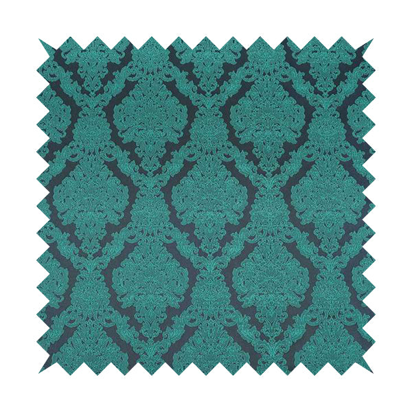 Elstow Damask Pattern Collection In Textured Embroidery Effect Chenille Upholstery Fabric In Teal Blue Colour CTR-419 - Made To Measure Curtains