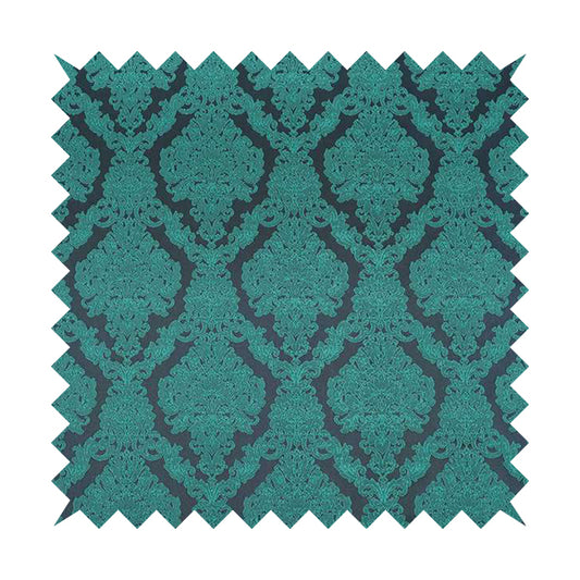 Elstow Damask Pattern Collection In Textured Embroidery Effect Chenille Upholstery Fabric In Teal Blue Colour CTR-419