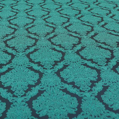 Elstow Damask Pattern Collection In Textured Embroidery Effect Chenille Upholstery Fabric In Teal Blue Colour CTR-419 - Roman Blinds