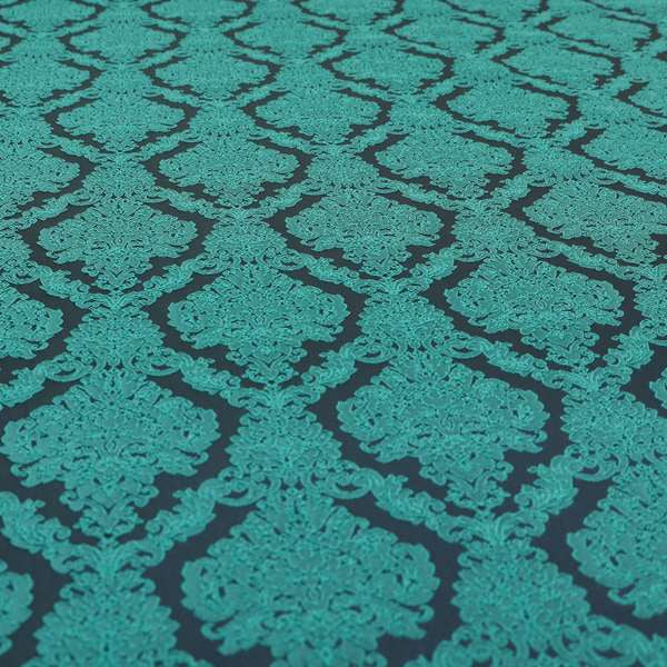 Elstow Damask Pattern Collection In Textured Embroidery Effect Chenille Upholstery Fabric In Teal Blue Colour CTR-419 - Made To Measure Curtains