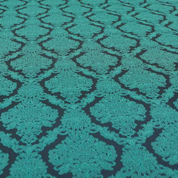 Elstow Damask Pattern Collection In Textured Embroidery Effect Chenille Upholstery Fabric In Teal Blue Colour CTR-419