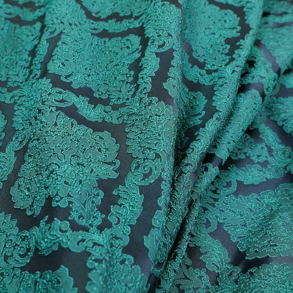 Elstow Damask Pattern Collection In Textured Embroidery Effect Chenille Upholstery Fabric In Teal Blue Colour CTR-419