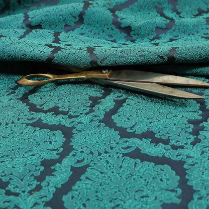 Elstow Damask Pattern Collection In Textured Embroidery Effect Chenille Upholstery Fabric In Teal Blue Colour CTR-419 - Roman Blinds