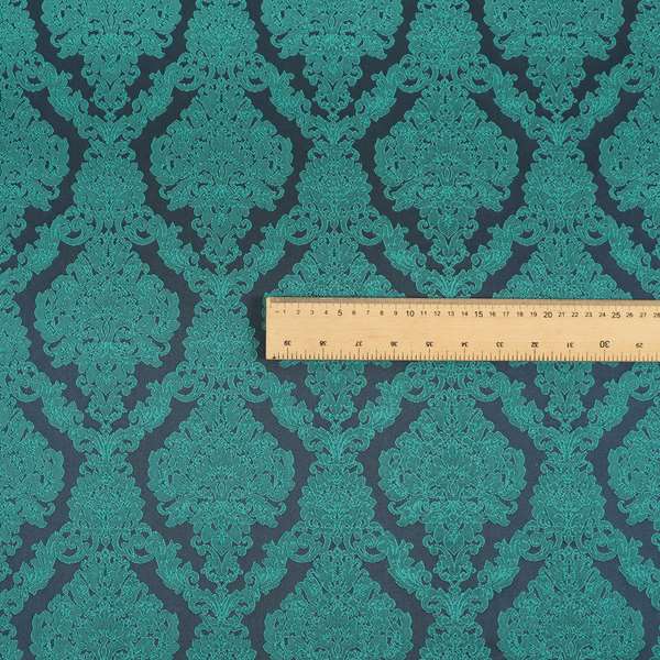 Elstow Damask Pattern Collection In Textured Embroidery Effect Chenille Upholstery Fabric In Teal Blue Colour CTR-419 - Made To Measure Curtains