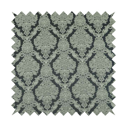 Elstow Damask Pattern Collection In Textured Embroidery Effect Chenille Upholstery Fabric In Grey Colour CTR-420 - Made To Measure Curtains