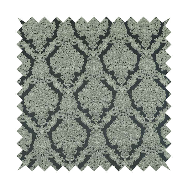 Elstow Damask Pattern Collection In Textured Embroidery Effect Chenille Upholstery Fabric In Grey Colour CTR-420