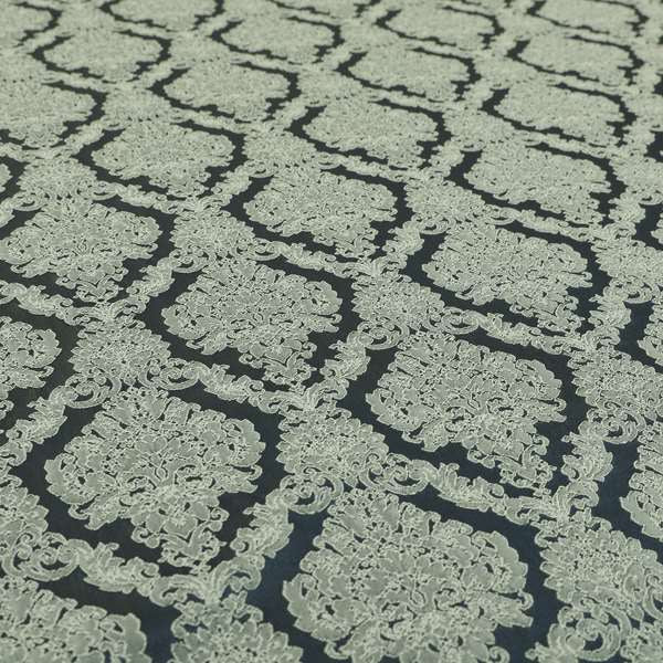 Elstow Damask Pattern Collection In Textured Embroidery Effect Chenille Upholstery Fabric In Grey Colour CTR-420
