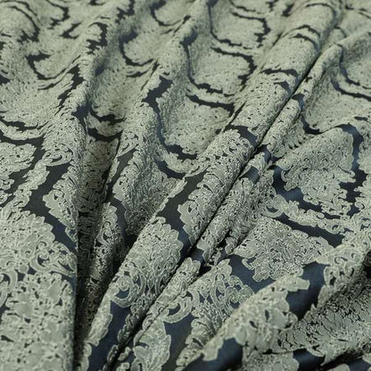 Elstow Damask Pattern Collection In Textured Embroidery Effect Chenille Upholstery Fabric In Grey Colour CTR-420
