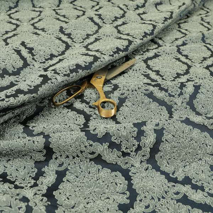 Elstow Damask Pattern Collection In Textured Embroidery Effect Chenille Upholstery Fabric In Grey Colour CTR-420 - Roman Blinds