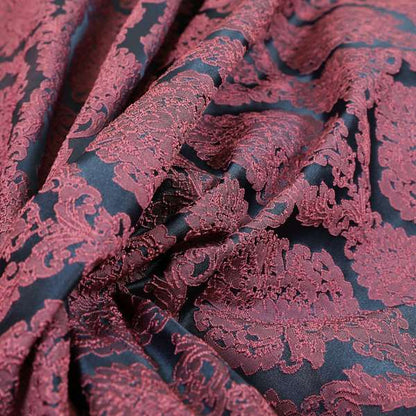 Elstow Damask Pattern Collection In Textured Embroidery Effect Chenille Upholstery Fabric In Pink Colour CTR-421