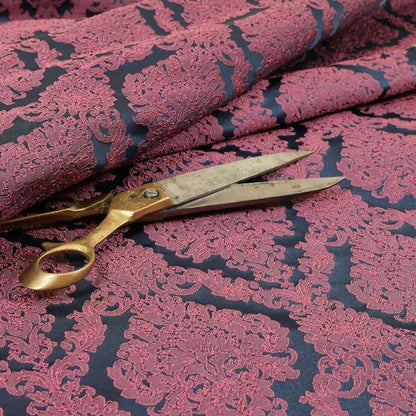 Elstow Damask Pattern Collection In Textured Embroidery Effect Chenille Upholstery Fabric In Pink Colour CTR-421 - Handmade Cushions
