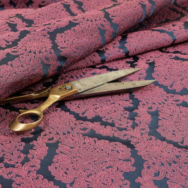 Elstow Damask Pattern Collection In Textured Embroidery Effect Chenille Upholstery Fabric In Pink Colour CTR-421 - Made To Measure Curtains