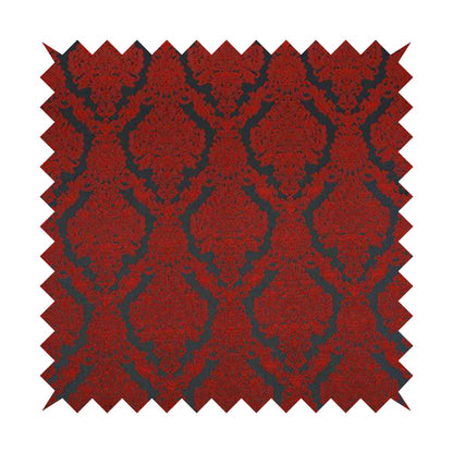 Elstow Damask Pattern Collection In Textured Embroidery Effect Chenille Upholstery Fabric In Red Colour CTR-422