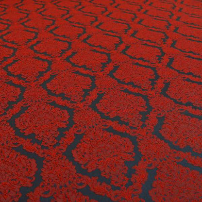 Elstow Damask Pattern Collection In Textured Embroidery Effect Chenille Upholstery Fabric In Red Colour CTR-422 - Handmade Cushions