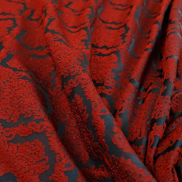 Elstow Damask Pattern Collection In Textured Embroidery Effect Chenille Upholstery Fabric In Red Colour CTR-422