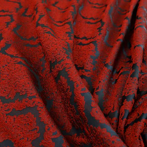 Elstow Damask Pattern Collection In Textured Embroidery Effect Chenille Upholstery Fabric In Red Colour CTR-422 - Made To Measure Curtains