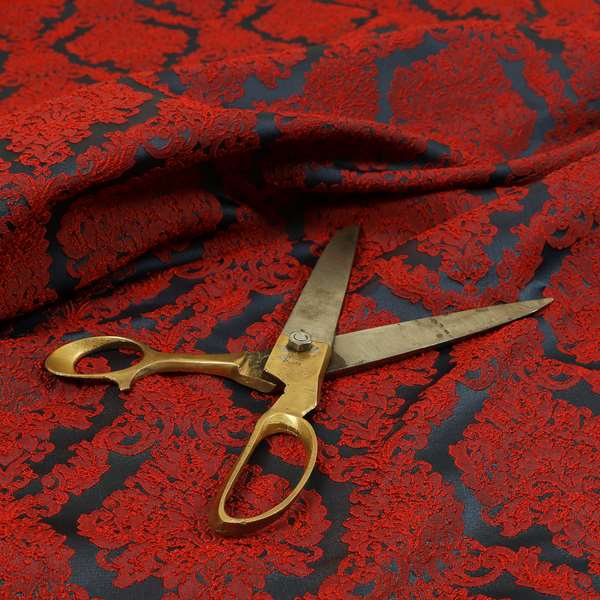 Elstow Damask Pattern Collection In Textured Embroidery Effect Chenille Upholstery Fabric In Red Colour CTR-422