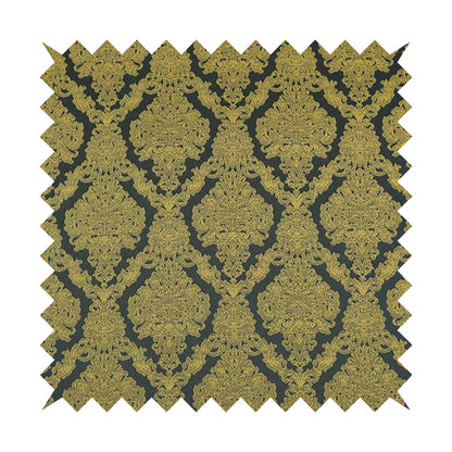 Elstow Damask Pattern Collection In Textured Embroidery Effect Chenille Upholstery Fabric In Yellow Blue Colour CTR-423