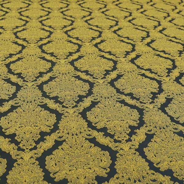 Elstow Damask Pattern Collection In Textured Embroidery Effect Chenille Upholstery Fabric In Yellow Blue Colour CTR-423