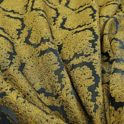 Elstow Damask Pattern Collection In Textured Embroidery Effect Chenille Upholstery Fabric In Yellow Blue Colour CTR-423