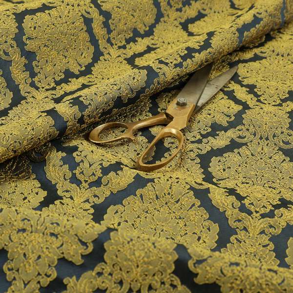 Elstow Damask Pattern Collection In Textured Embroidery Effect Chenille Upholstery Fabric In Yellow Blue Colour CTR-423 - Roman Blinds