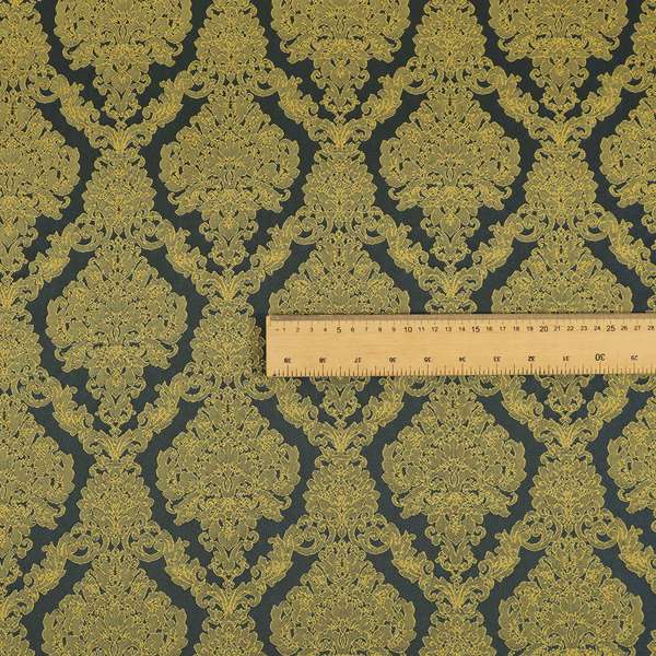 Elstow Damask Pattern Collection In Textured Embroidery Effect Chenille Upholstery Fabric In Yellow Blue Colour CTR-423 - Roman Blinds