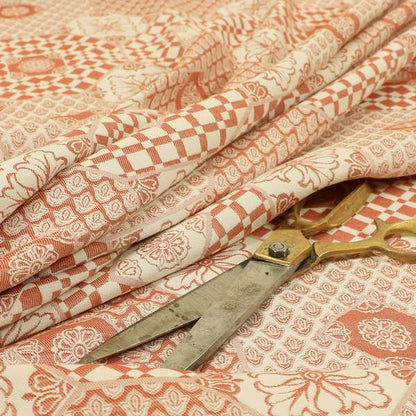 Zenith Collection In Smooth Chenille Finish Orange Colour Patchwork Pattern Upholstery Fabric CTR-435