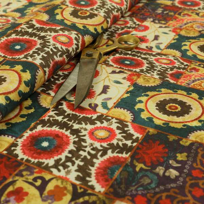Freedom Printed Velvet Fabric Multi Colour Patchwork Pattern Upholstery Fabric CTR-441 - Roman Blinds
