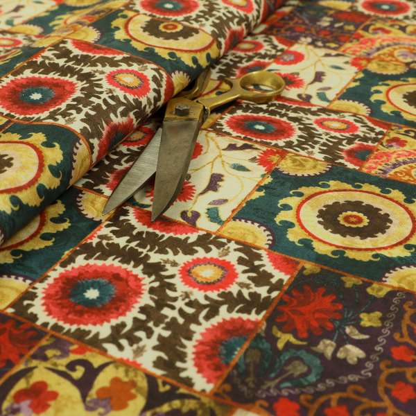 Freedom Printed Velvet Fabric Multi Colour Patchwork Pattern Upholstery Fabric CTR-441