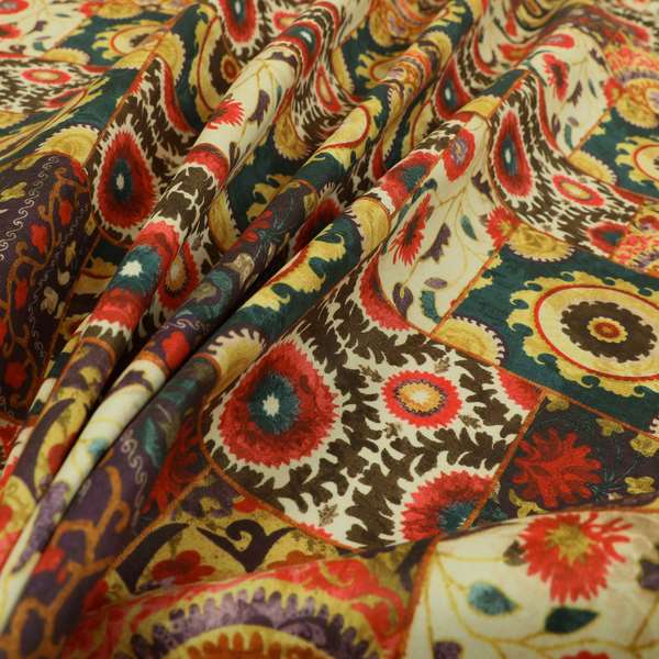 Freedom Printed Velvet Fabric Multi Colour Patchwork Pattern Upholstery Fabric CTR-441 - Made To Measure Curtains