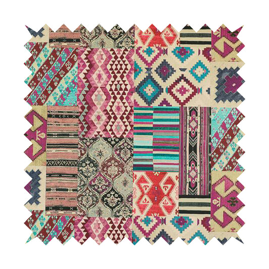 Freedom Printed Velvet Fabric Multi Colour Kilim Inspired Patchwork Pattern CTR-445