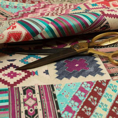 Freedom Printed Velvet Fabric Multi Colour Kilim Inspired Patchwork Pattern CTR-445 - Roman Blinds