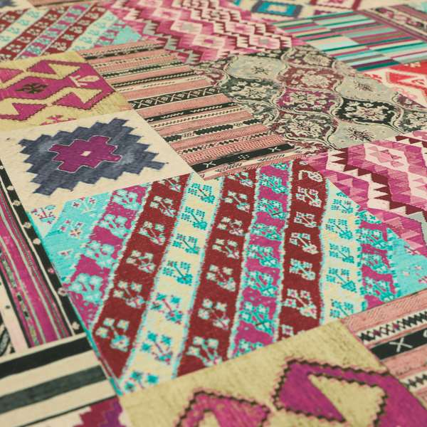 Freedom Printed Velvet Fabric Multi Colour Kilim Inspired Patchwork Pattern CTR-445 - Roman Blinds