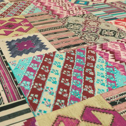 Freedom Printed Velvet Fabric Multi Colour Kilim Inspired Patchwork Pattern CTR-445 - Handmade Cushions