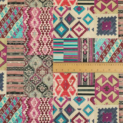 Freedom Printed Velvet Fabric Multi Colour Kilim Inspired Patchwork Pattern CTR-445 - Handmade Cushions