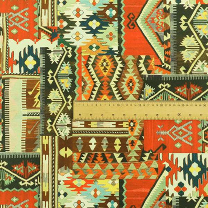 Freedom Printed Velvet Fabric Orange Tribal Patchwork Pattern Upholstery Fabric CTR-447 - Made To Measure Curtains