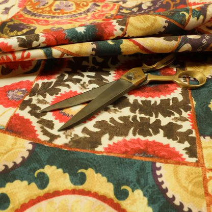 Freedom Printed Velvet Fabric Multi Colour Patchwork Pattern CTR-457 - Made To Measure Curtains