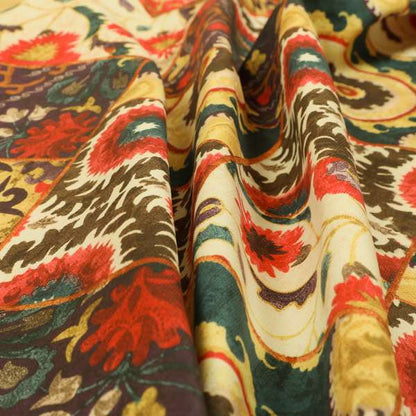 Freedom Printed Velvet Fabric Multi Colour Patchwork Pattern CTR-457